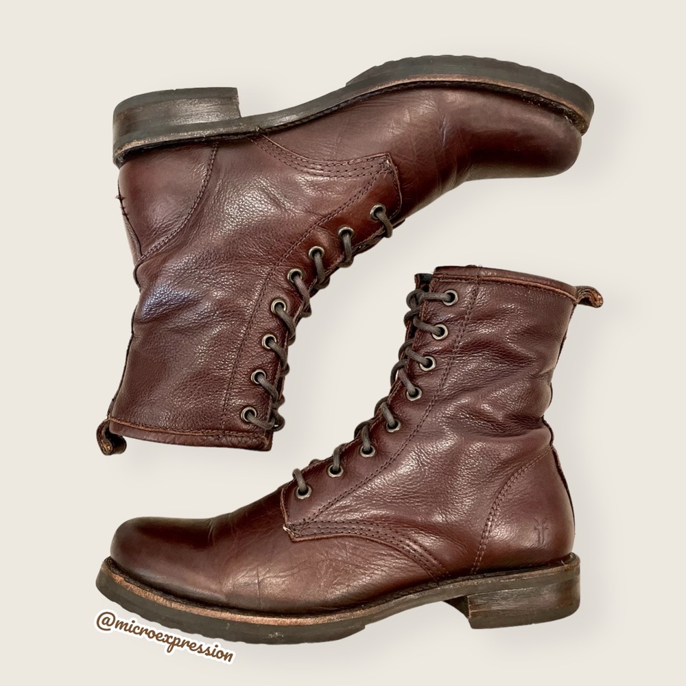 $378 Frye Veronica Combat Brown Leather Lace Up Moto Combat Comfy Ankle Boot - Picture 9 of 16